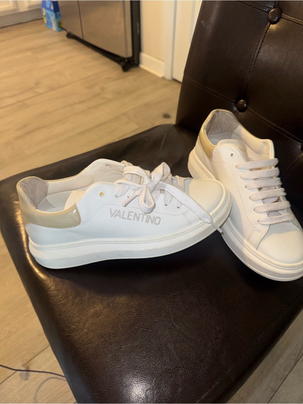 Valentino White Leather Low-Top Sneakers with Gold Heel Trim